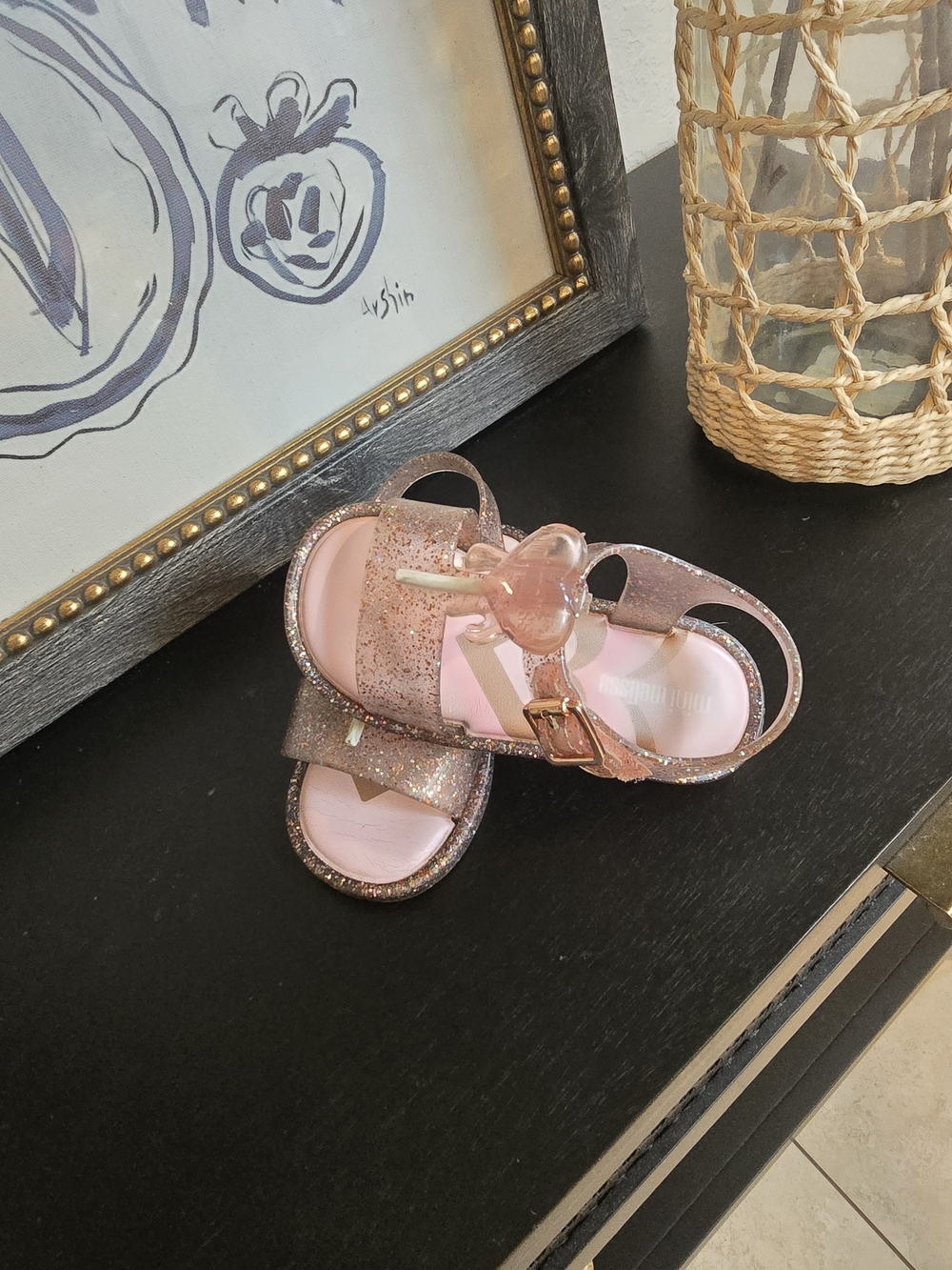 Mini Melissa Pink Glitter Heart-Embellished Kids Sandals